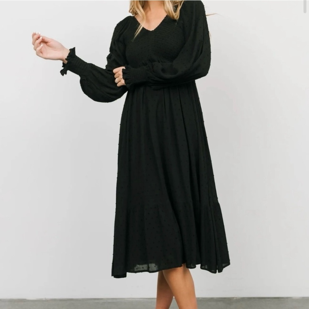 Baltic Born Black Midi Dress with Long Puff Sleeves